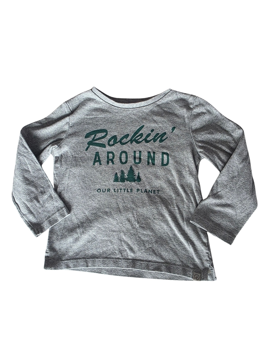 Gray Long-Sleeve Kids Tee with Green 'Rockin' Around' Graphic